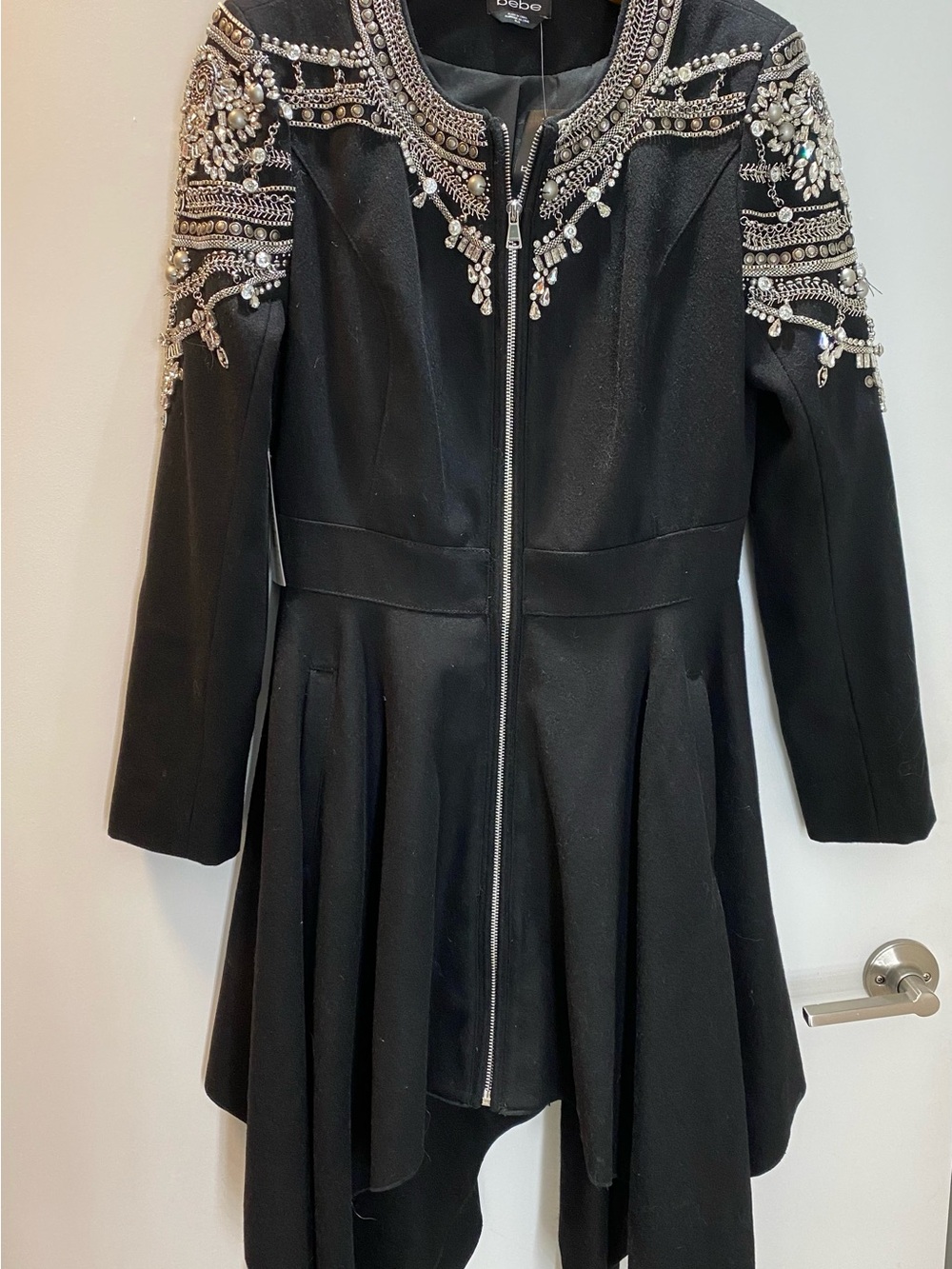 bebe Black Embellished Zip-Front Empress Coat